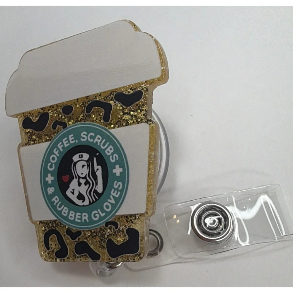 Cute Leopard Coffee Scrub Heart Retractable Badge Reel with ID Clip NEW